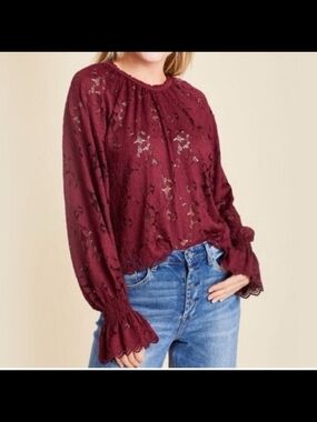 Free People Burgundy Lace Balloon Sleeve Blouse